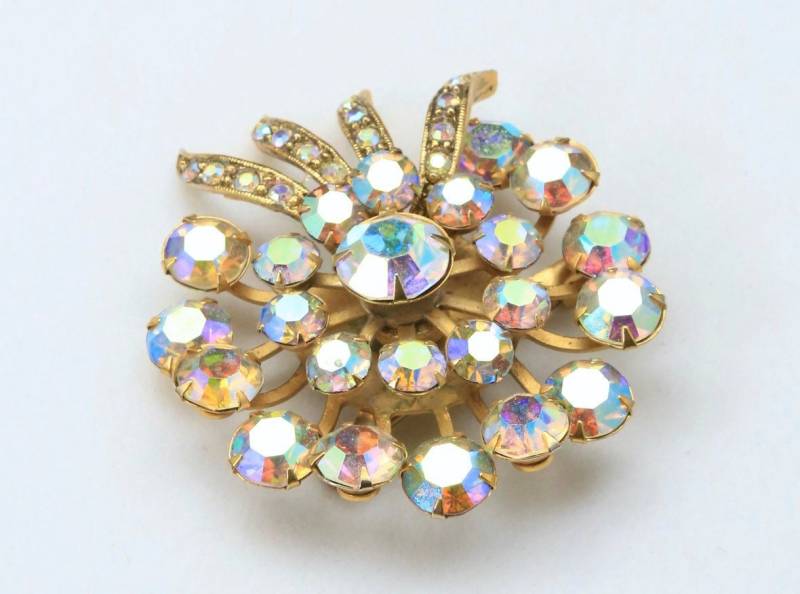 Vintage Große Selini Aurora Borealis Strass Brosche Gold Ton Kreis Floral von HouseofVintageOnline