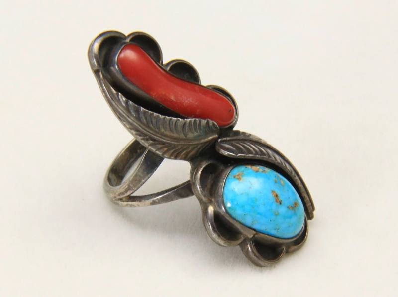 Vintage Lange Blau Türkis & Rote Koralle Sterling Silber Ring Größe 7 Blatt-Design von HouseofVintageOnline