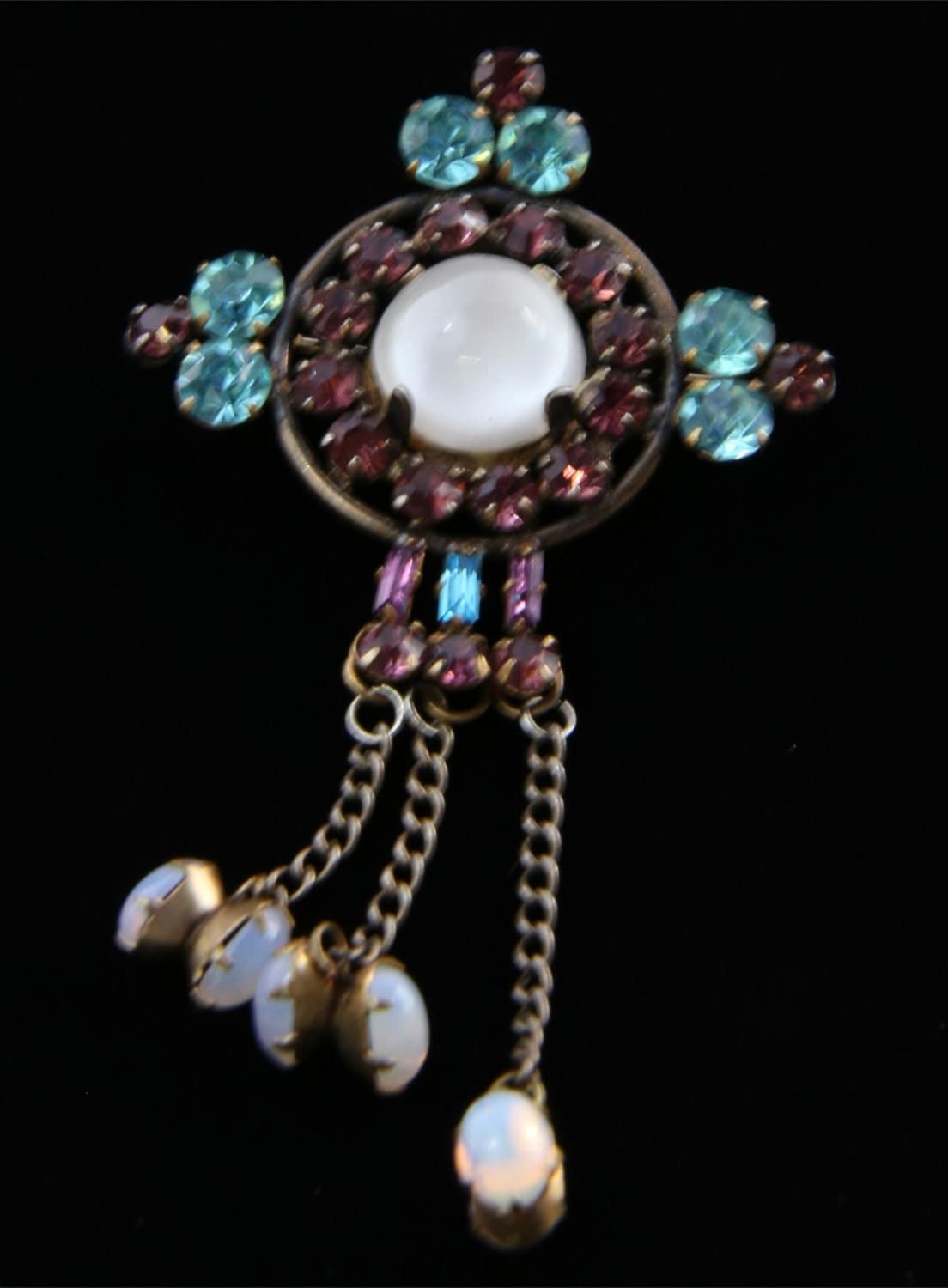 Vintage Mondstein Brosche Anstecknadel Sterling Silber Mit Opalen, Lila Und Aqua Strass/Deco Stil Schmuck von HouseofVintageOnline