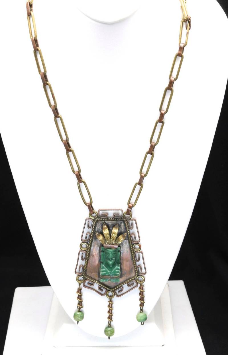 Vintage Statement Carved Malachite Mayan Aztec Warrior Necklace Copper Mexico von HouseofVintageOnline