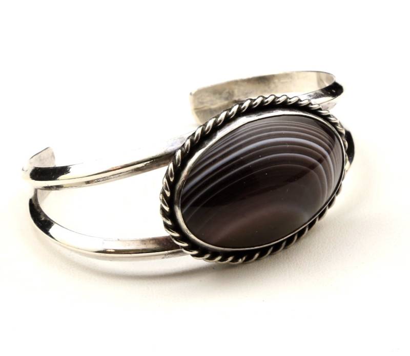 Vintage Sterling Silber Gebändert Achat Manschette Armband Braun Weißen Stein von HouseofVintageOnline