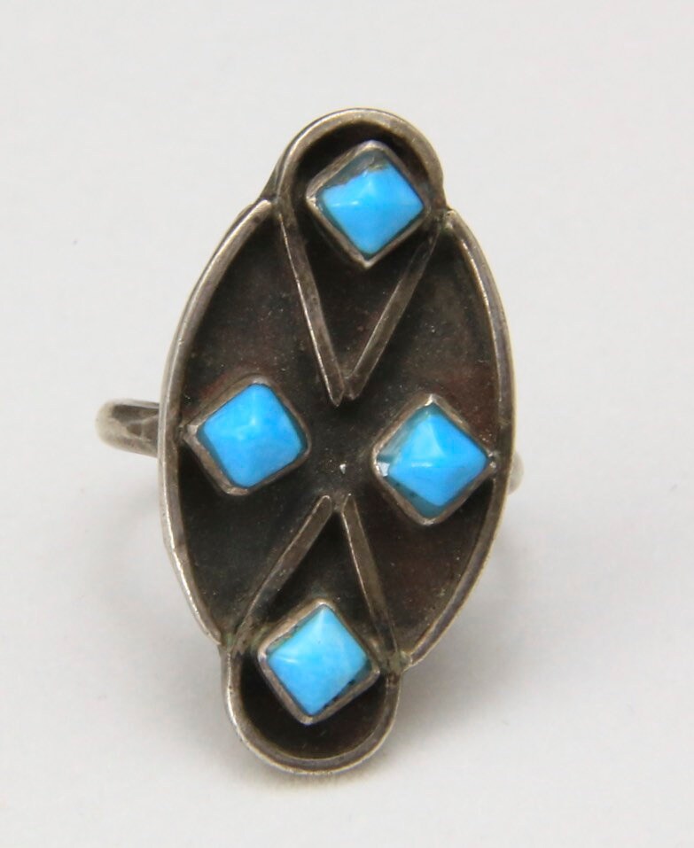 Vintage Sterling Silber Plattform 4 Diamant Türkis Stein Ring Shadowbox Sz 6 von HouseofVintageOnline