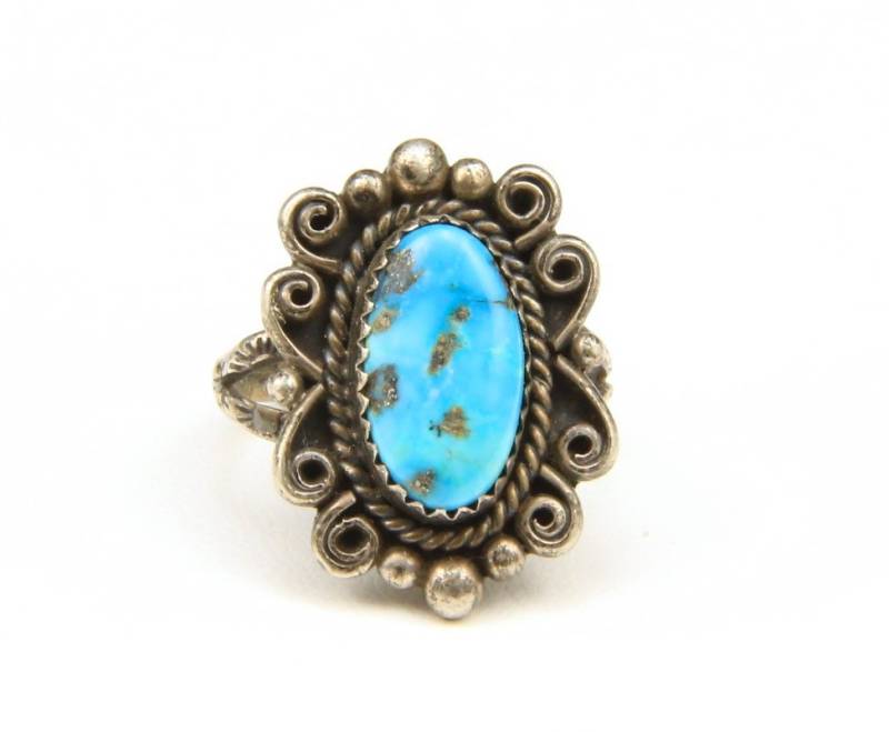 Vintage Sterling Silber & Türkis Ring Swirl Motiv Flower Band Gr. 6, 5 Signiert von HouseofVintageOnline