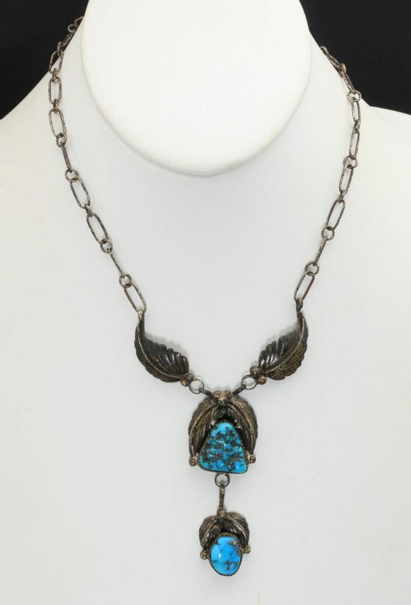 Vintage Sterling Silber & Türkis Tropfen Anhänger Link Halskette Handwerker Signiert Dv von HouseofVintageOnline