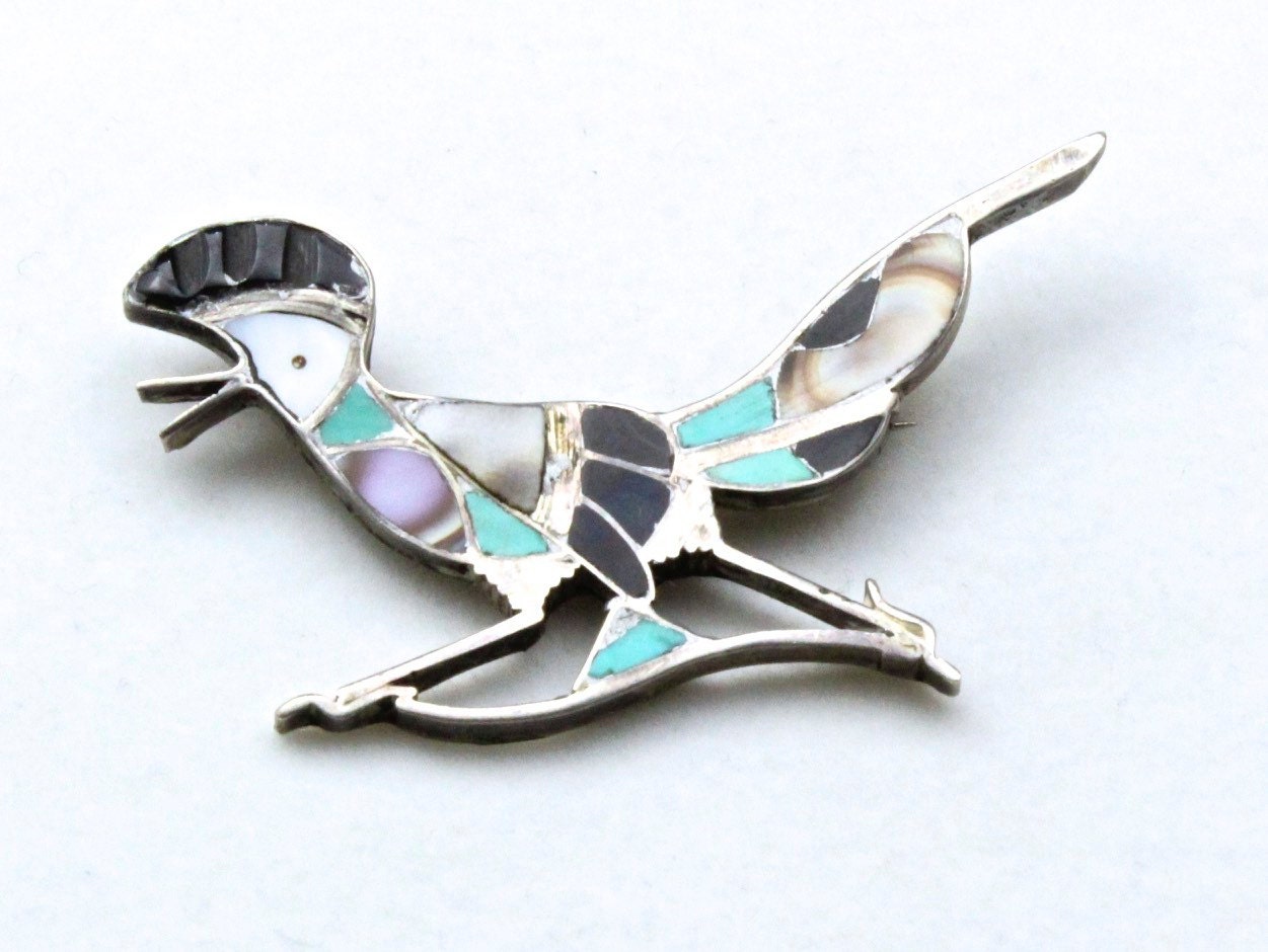 Vintage Sterling & Multi Stein Inlay Roadrunner Pin Brosche Südwesten Groß von HouseofVintageOnline