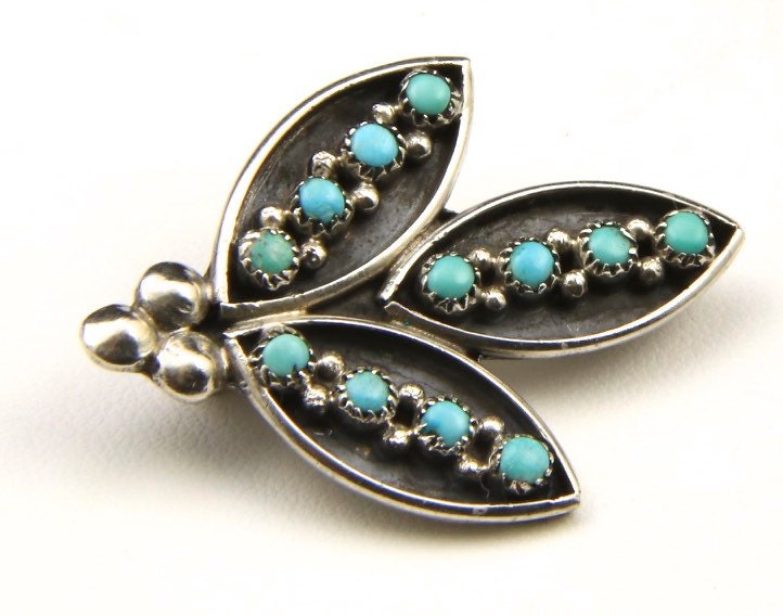 Vintage Zuni Floral Motiv Sterling Silber & Türkis Schatten Box Pin Brosche von HouseofVintageOnline
