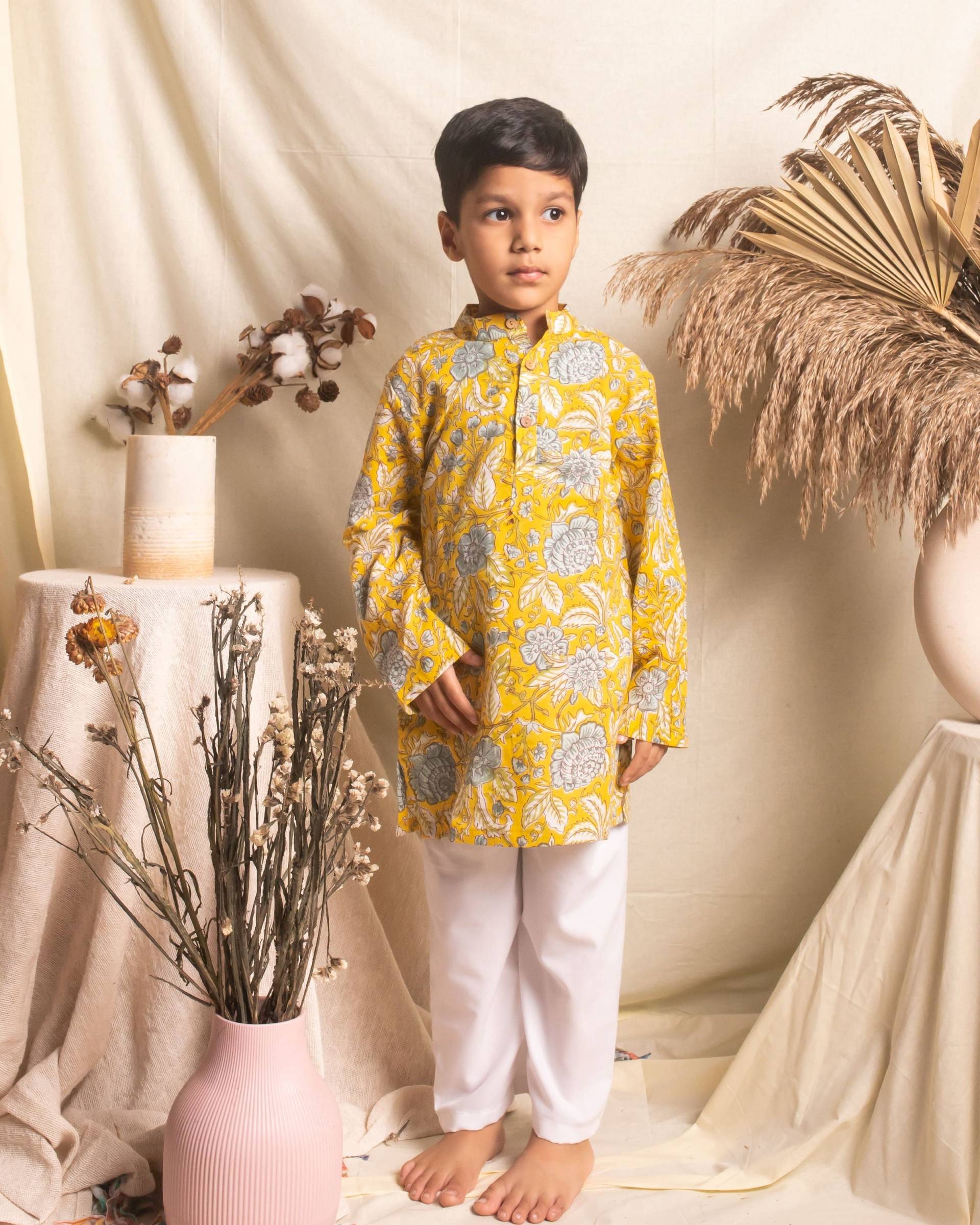 Gelber Blumen Blockprint Jungen Kurta Mit Pyjama Set, Kinder Junge Kleidung, Bedruckt Pyjama, Handblock Blue Apparel von Houseofekam