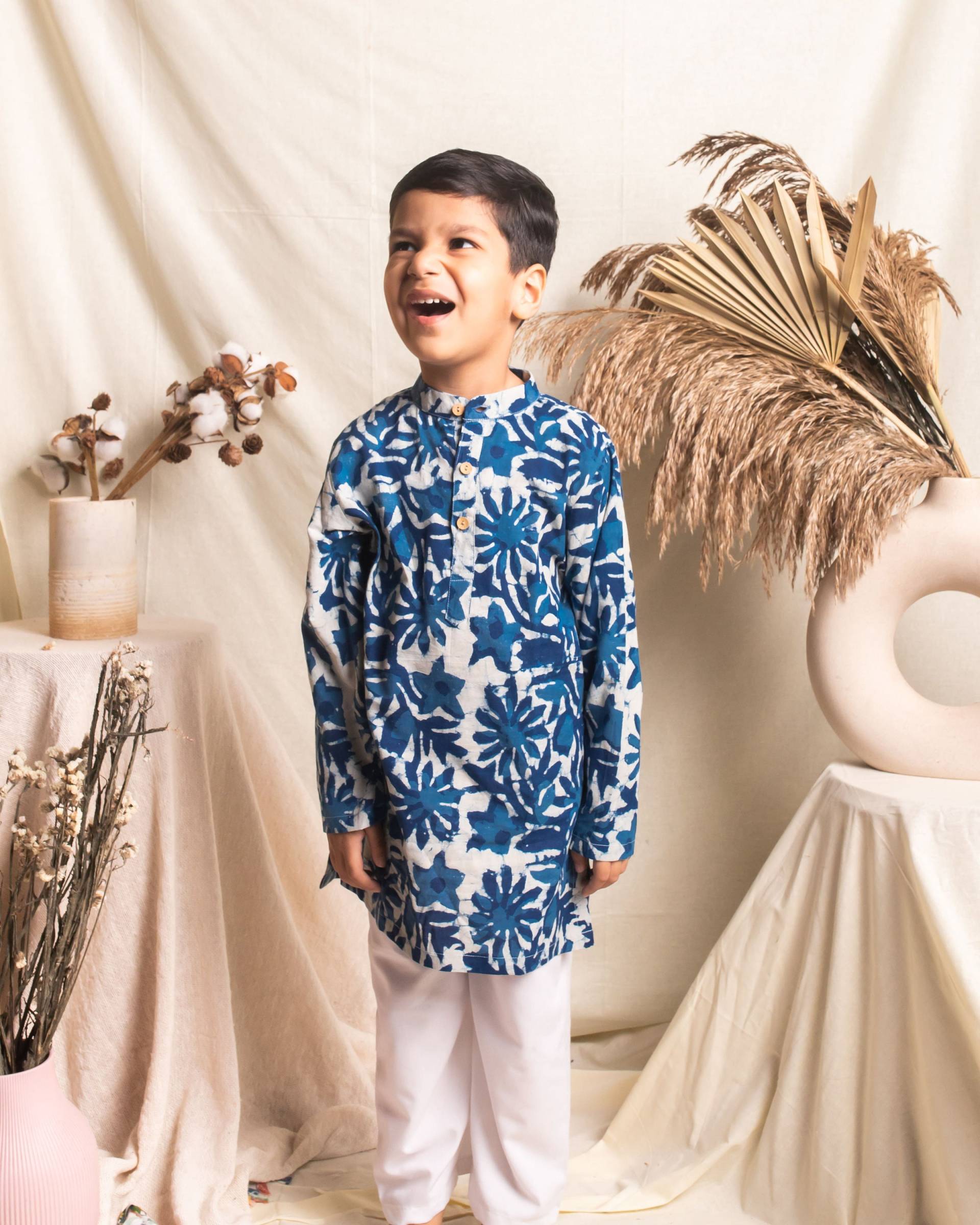 Indigo Blumen Blockprint Jungen Kurta Mit Pyjama Set, Kinder Junge Kleidung, Bedruckt Pyjama, Handblock Blue Apparel von Houseofekam