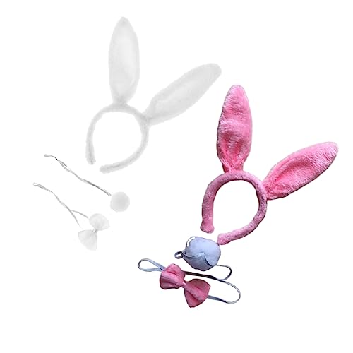 Housoutil 2 Sätze rosa Hasenohren Hasenhaarreifen Mini Stoffhase Tiara kuscheltier Hasenohren-Stirnband Kopfschmuck für Mädchen kleiner weißer Hase Kopfbedeckung Schwanz 28c von Housoutil