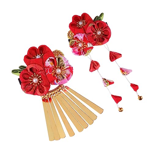 Housoutil 2st Kopfbedeckung Im Japanischen Stil Kinder Dekor Haarband-clip Retro-haarschmuck Haarspange Japanisches Dekor Quastenbesatz Die Blumen Rot Oiran Stoff von Housoutil