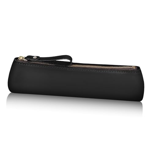 Housoutil Handgefertigte Ledermäppchen Schwarz Vintage Pencil Case mit Reißverschluss Kompakte Stifttasche für Schule und Reise Eleganter Organizer für Stifte und Marker Langlebige von Housoutil