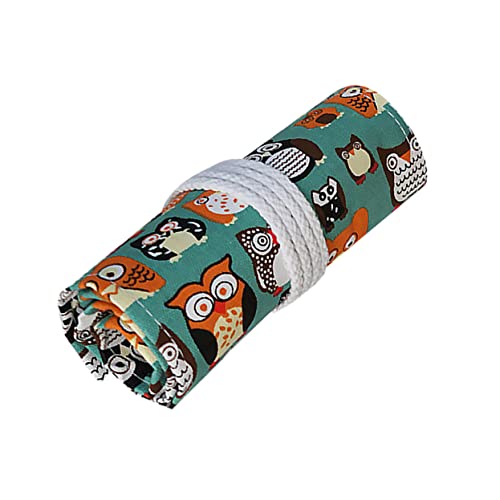 Housoutil Handgefertigte Roll Up Stiftetasche mit Elastischen Halteösen Cartoon Grüner Eulenprint Strapazierfähige Baumwoll Staubgeschützt für Schüler und Künstler von Housoutil
