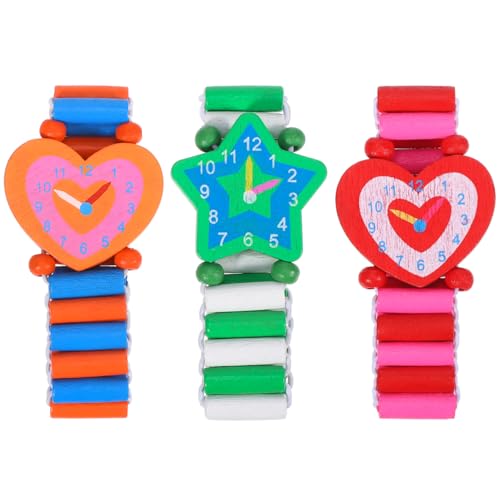 Housoutil Holz Armbanduhr Kinder, 3 Stücke Niedliche Elastische Armband Spielzeug Armbanduhr, Holzhandwerk Cartoon Armband Uhr Für Den Kindergarten Und Die Schule von Housoutil