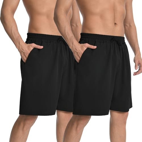 HovSiyla 2 Pack Herren sportliche Sport leicht atmungsaktiv Laufen Gym lässige Shorts mit Kordelzug Reißverschlusstaschen 2Schwarz L von HovSiyla