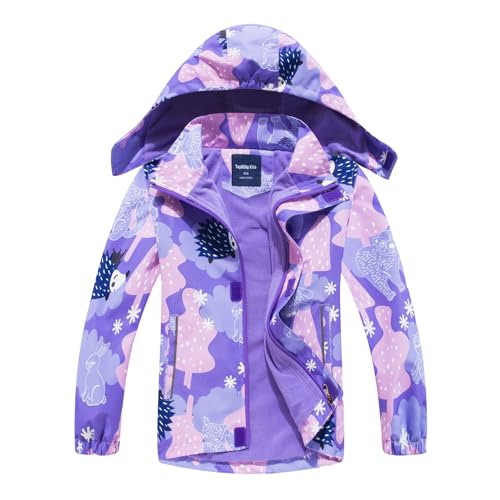 Hovkib Mädchen Regenjacke Kinder Wasserdicht Jacke Leichte Softshelljacke Fleece Wanderjacke Winddichte Outdoor-Jacke mit Kapuze Alter 3-12 von Hovkib