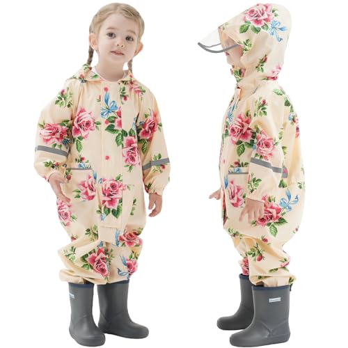 Kinder Regenanzug Mädchen Jungen Regenmäntel Einteilig Regenkleidung Kleinkind Wasserdicht Regenjacken Regen Overall leichtes Hoodie Drucke Regenponcho 1-10 Jahre von Hovkib