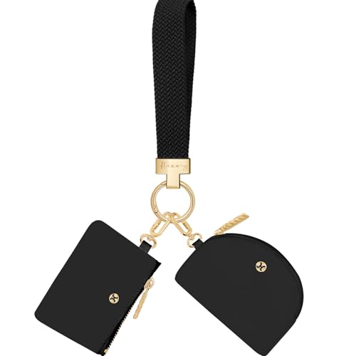 Hovmwey Schlüsselbund-Geldbörse, abnehmbare Doppeltasche, Handgelenktasche für Damen und Herren, tragbar, Mini-Reißverschluss, kleine Geldbörse, Münzbörse (schwarz + goldene Schnalle + schwarz) von Hovmwey