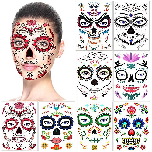 HOWAF 8 Blätter Halloween Tattoo Gesicht Tag der Toten Totenkopf Skelett temporäre Gesicht Tattoo Aufkleber für Herren Damen Halloween Make up Deko Dia De Los Muertos Kostüm von HOWAF