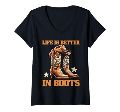 Damen Life Is Better in Boots Line Dance T-Shirt mit V-Ausschnitt Damen Life Is Better in Boots Line Dance T-Shirt mit V-Ausschnitt von Howdy Country Style and Line Dancing