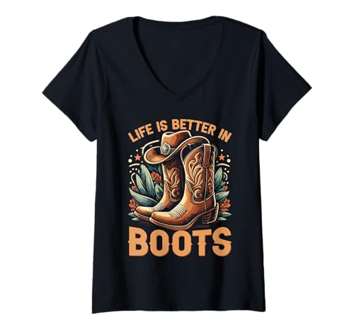 Damen Life Is Better in Boots Line Dance T-Shirt mit V-Ausschnitt Damen Life Is Better in Boots Line Dance T-Shirt mit V-Ausschnitt von Howdy Country Style and Line Dancing