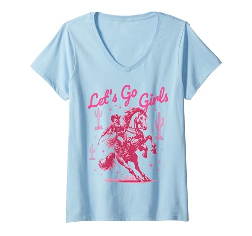 Damen Let's Go Cowgirl Cowgirl, rosafarbenes Country-Western-Rodeo, Pferdemädchen T-Shirt mit V-Ausschnitt Damen Let's Go Cowgirl Cowgirl, rosafarbenes Country-Western-Rodeo, Pferdemädchen T-Shirt mit V-Ausschnitt von Howdy Country Western Wear for Cowgirls Cowboys