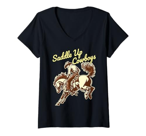 Damen Sattel Up Cowboy Rodeo Pferd Vintage Country Western T-Shirt mit V-Ausschnitt von Howdy Country Western Wear for Cowgirls Cowboys