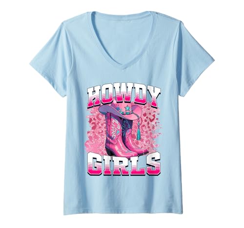 Damen Stiefel Cowboy Western Cowgirl Rosa Leopard Howdy Girls T-Shirt mit V-Ausschnitt von Howdy Girls Boot Cowboy Western Cowgirl