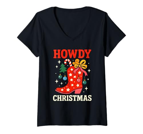 Damen Howdy Christmas Western Cowboystiefel Lustiges Urlaubsdesign T-Shirt mit V-Ausschnitt Damen Howdy Christmas Western Cowboystiefel Lustiges Urlaubsdesign T-Shirt mit V-Ausschnitt von Howdy Holiday Designs