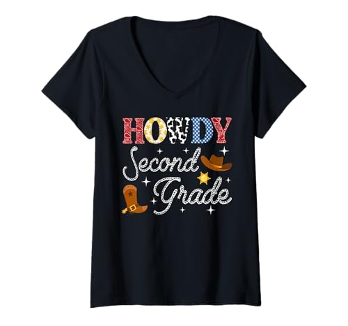 Damen Hallo Westernlehrerin, zweite Klasse, Schulanfang T-Shirt mit V-Ausschnitt Damen Hallo Westernlehrerin, zweite Klasse, Schulanfang T-Shirt mit V-Ausschnitt von Howdy Western Cowgirl Cowboy Back To School