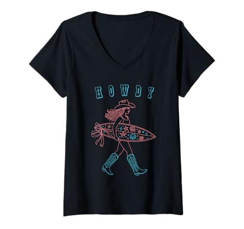Damen Western Howdy Cowgirl mit Surfbrett Strand T-Shirt mit V-Ausschnitt Damen Western Howdy Cowgirl mit Surfbrett Strand T-Shirt mit V-Ausschnitt von Howdy by SM