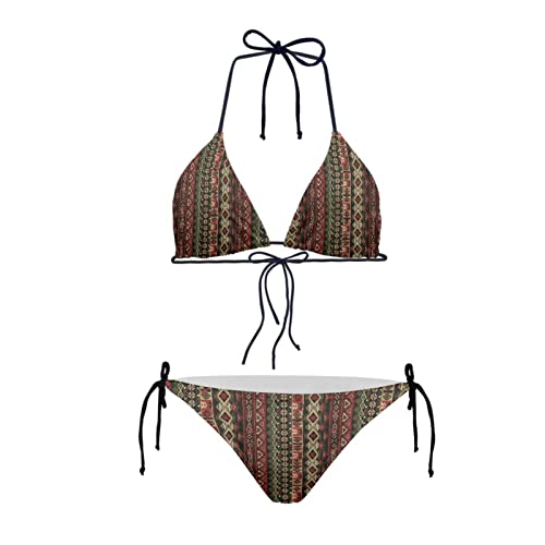 Howilath 2-teiliges Bikini-Set, sexy Neckholder-Set, dünne Stringtanga, Badeanzug mit Slip und Dreiecks-Bikinioberteil, Leopardenmuster, Blumen, Fruchtfisch, Afrika Stripe, XL von Howilath