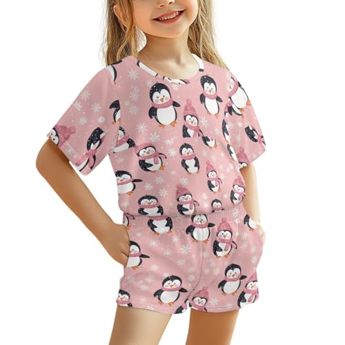 Howilath 2-teiliges Mädchen-Pyjama-Set mit Tasche, kurzer Schlafanzug, pinguin, 3-4 Years von Howilath