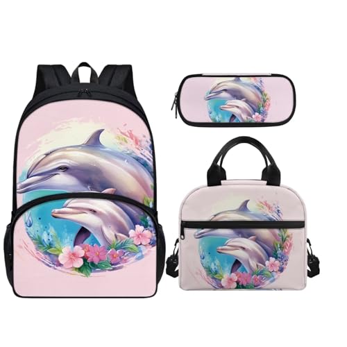 Howilath 3 in 1 Rucksack für Mädchen Isolierte Lunchbox und Federmäppchen Kinderrucksäcke, Delfin von Howilath