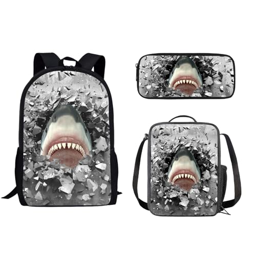 Howilath 3-teiliges Tagesrucksack-Set mit Tiermotiven, aus Leinen, für Teenager, Jungen, Mädchen, Kinder, Fußball, Cartoon, Ethno-Stil, 43,2 cm, Rucksack-Set mit Lunchbox, Federmäppchen, 3D-Hai von Howilath