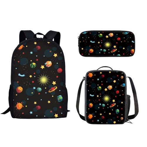 Howilath 3-teiliges Tagesrucksack-Set mit Tiermotiven, aus Leinen, für Teenager, Jungen, Mädchen, Kinder, Fußball, Cartoon, Ethno-Stil, 43,2 cm, Rucksack-Set mit Lunchbox, Federmäppchen, Cosmic Space von Howilath