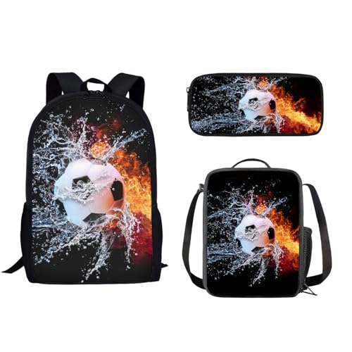 Howilath 3-teiliges Tagesrucksack-Set mit Tiermotiven, aus Leinen, für Teenager, Jungen, Mädchen, Kinder, Fußball, Cartoon, Ethno-Stil, 43,2 cm, Rucksack-Set mit Lunchbox, Federmäppchen, von Howilath