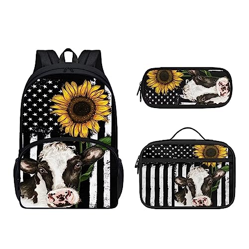 Howilath 3D-Schultertasche, niedliches Kätzchen, 3er-Pack, Doppel-Schultertasche, Thermo-Lunchtasche und Stifttasche, bezauberndes Katzen-Set für Teenager, Amerikanische Flagge Sonnenblume Milchkuh, Lässiger Tagesrucksack von Howilath