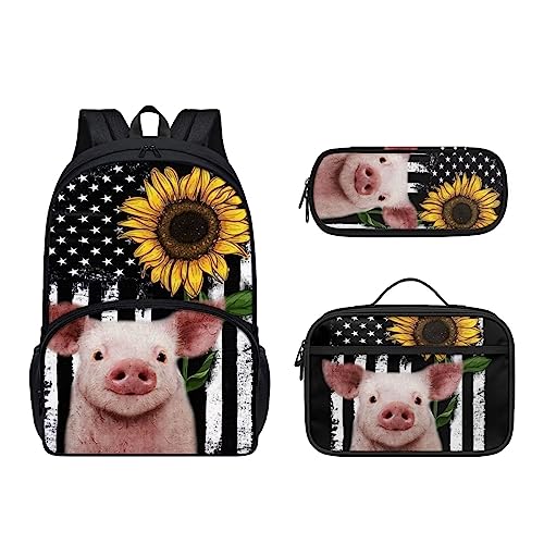 Howilath 3D-Schultertasche, niedliches Kätzchen, 3er-Pack, Doppel-Schultertasche, Thermo-Lunchtasche und Stifttasche, bezauberndes Katzen-Set für Teenager, Amerikanische Flagge Sonnenblumenschwein, Lässiger Tagesrucksack von Howilath