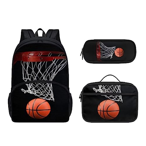 Howilath 3D-Schultertasche, niedliches Kätzchen, 3er-Pack, Doppel-Schultertasche, Thermo-Lunchtasche und Stifttasche, bezauberndes Katzen-Set für Teenager, Basketball, Lässiger Tagesrucksack von Howilath