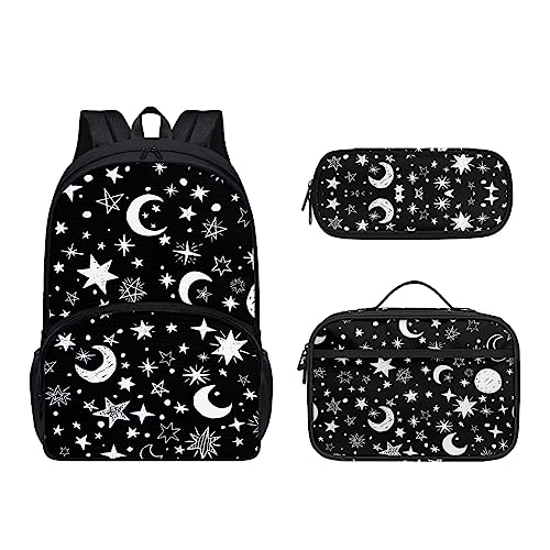 Howilath 3D-Schultertasche, niedliches Kätzchen, 3er-Pack, Doppel-Schultertasche, Thermo-Lunchtasche und Stifttasche, bezauberndes Katzen-Set für Teenager, Mond Stern Himmel, Lässiger Tagesrucksack von Howilath