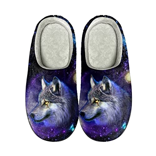 Howilath 3D-Wolf-Galaxie-Muster Erwachsene Unisex lässig zum Hineinschlüpfen für Schlafzimmer Spa Hotel Baumwolle Hausschuhe-46-47 von Howilath