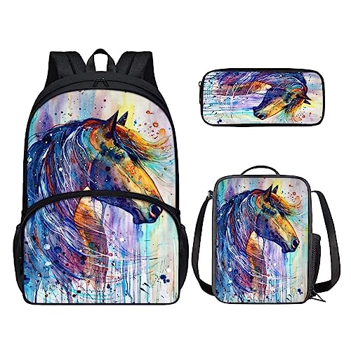 Howilath Aquarell-Pferd, 3er-Pack, Schulranzen mit Mahlzeiten-Vorbereitungstasche, Stifthalter, leichtes Rucksack-Set für Jungen und Mädchen von Howilath