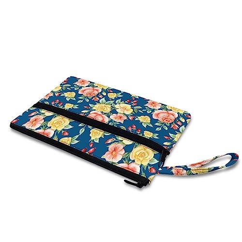 Howilath Axolotl Clutch-Tasche mit Erdbeerblüten-Motiv, rosa Handtasche, Segeltuch, Münzgeldbörse, Handgelenkschlaufe, Beutel, große Kapazität, Rosenblüten, M, Casual von Howilath