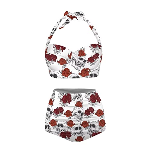 Howilath Badeanzug mit Totenkopf, Rosen, Blume, Weiß, 2-teilig, bequemer Bikini, Oberteil und Unterteil, weiche Strandkleidung für Damen, Totenkopf-Rosen-Druck, 52 von Howilath