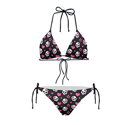 Howilath Bikini, 2-teiliges Set, dreieckig, gepolstert, niedrige Taille, sexy Bikini, Strandbekleidung, Hawaii-Ananas-Schädel, Rosa Zuckerschädel, S von Howilath