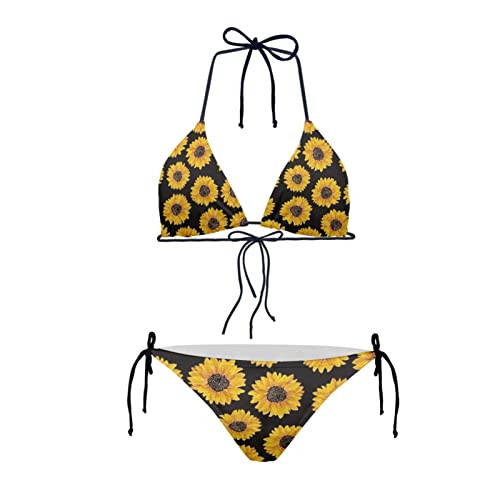 Howilath Bikini, 2-teiliges Set, dreieckig, gepolstert, niedrige Taille, sexy Bikini, Strandbekleidung, Hawaii-Ananas-Schädel, sonnenblume, 52 von Howilath