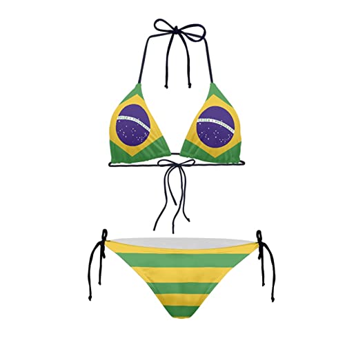 Howilath Bikini, 2-teiliges Set, dreieckig, gepolstert, niedrige Taille, sexy Bikini, Strandbekleidung, Hawaii-Ananas-Schädel, Flagge Brasiliens, S von Howilath