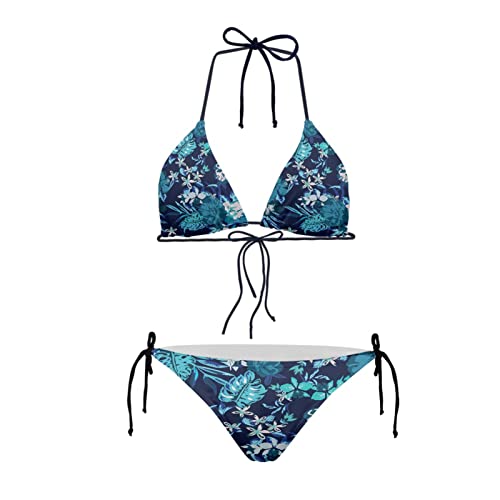 Howilath Bikini, 2-teiliges Set, dreieckig, gepolstert, niedrige Taille, sexy Bikini, Strandbekleidung, Hawaii-Ananas-Schädel, blaue blume, S von Howilath