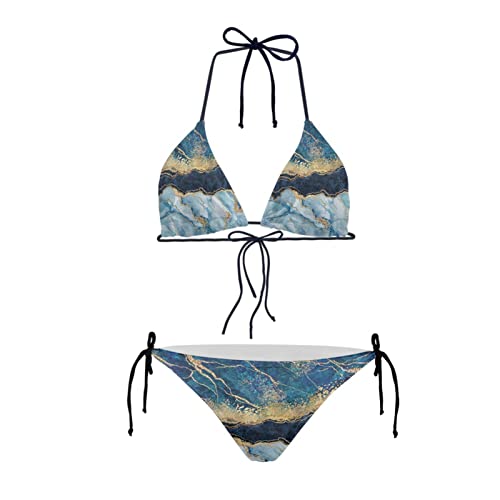 Howilath Bikini-Set, sexy, 2 Stück, Bikini, Badeanzug, gepolsterte String, Dreieck, Bademode für Damen, Handflächen-Blumen-Avocado-Pfoten, Blauer Marmor, XL von Howilath