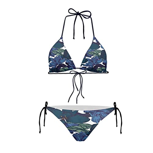 Howilath Bikini Set Sexy 2 Pices Bikini Badeanzug Gepolstert String Triangel Bademode für Frauen Palm Floral Avocado Pfoten, Dunkelblaue Blume, 52 von Howilath